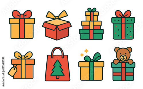 Gift box set. holiday present flat icons. gifts, bag, teddy bear, ribbon vector icons.