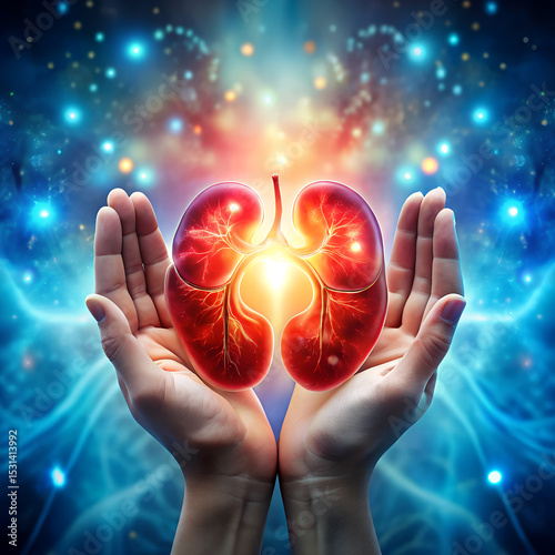 Hands Holding Red Kidneys on Blurred Blue Background With Medical Concept Art