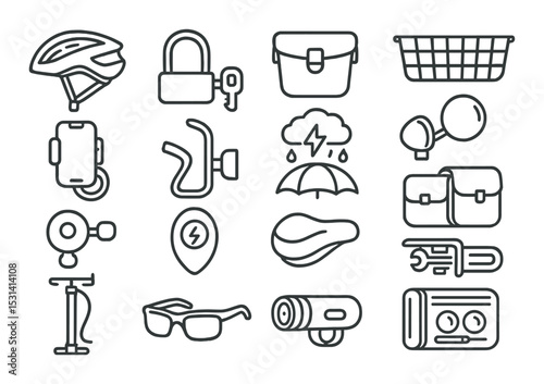 Bike accessory set. cycling gear silhouette icons. helmet, lock, pump, bag, glasses vector icons.