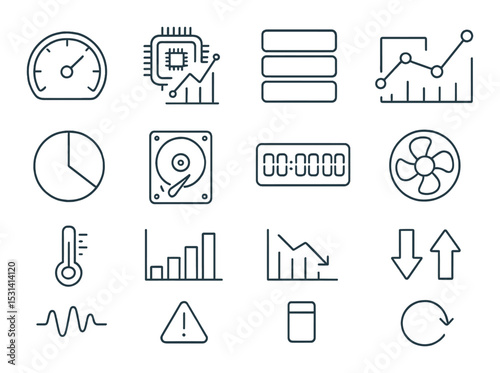 Monitoring device set. data analysis linear icons: gauge, chip, chart, fan vector icons.