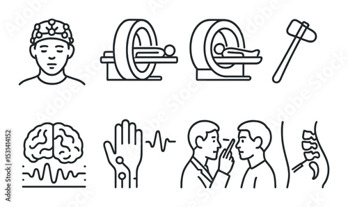Neurology icon set. medical, brain, mri, spine, reflex, linear style vector icons