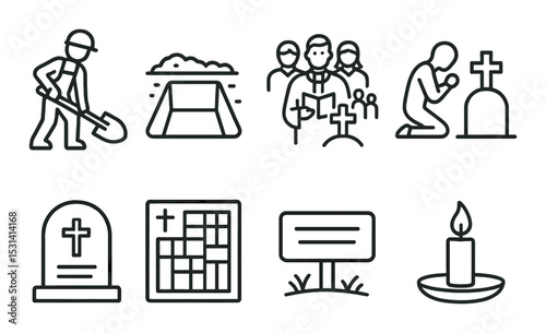 Funeral icon set. memorial, cemetery, grave, tombstone, mourning, candle linear vector icons.