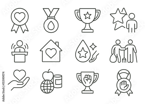 Award and recognition icon set. trophy, medal, heart, star, hand, person linear vector icons.