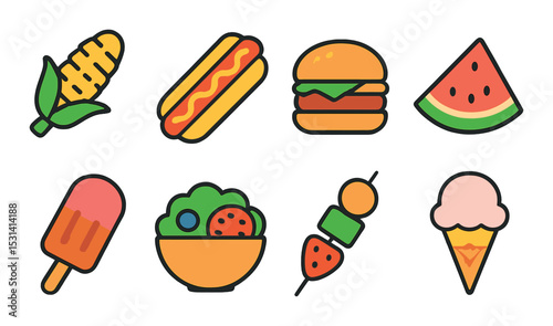 Picnic food icon set. flat style snacks: corn, hotdog, burger, salad, ice cream, vector icons