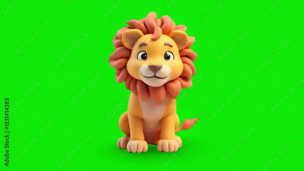Animated cute cartoon clay lion character on green screen background
