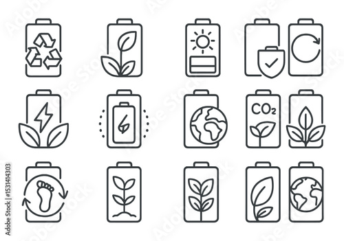 Battery eco set. green energy linear icons. recycling, solar, earth, plant, footprint vector icons.