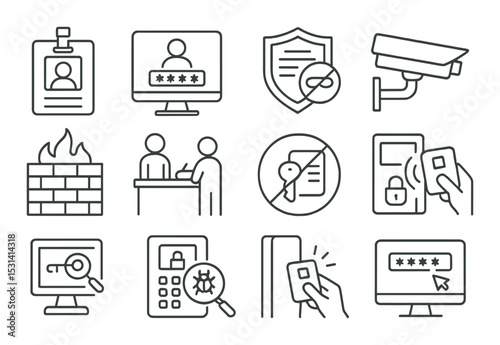 Security icon set. access control, password, firewall, camera, id, shield, linear vector icons.