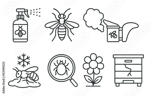 Bee icon set. beekeeping flat symbols. bee, hive, spray, flower, magnifier vector icons.