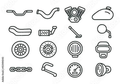 Motorcycle part set. bike components linear style. engine, seat, handlebar, wheel vector icons.