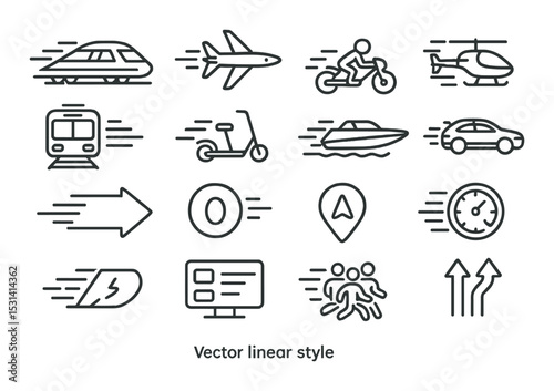 Speed transportation icon set. linear high-speed train, airplane, car, boat, vector icons