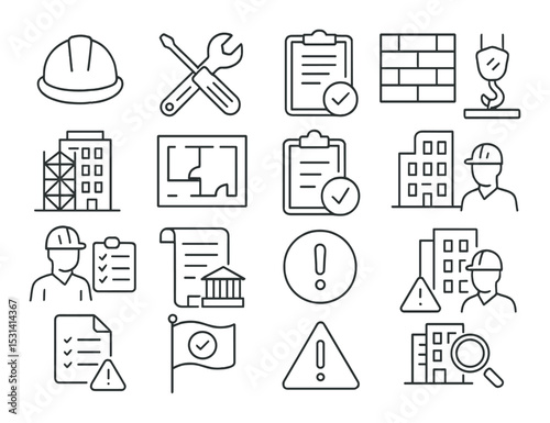 Construction tool set. building elements linear icons: helmet, blueprint, wrench, vector icons