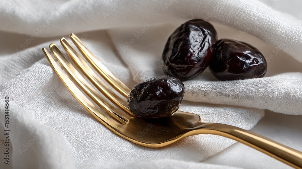 Fototapeta premium A luxurious flat lay with golden fork, linen napkin, and chocolate prunes on ceramic