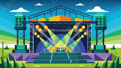 Vibrant cartoon illustration of a concert stage with lights and sound systems outdoors