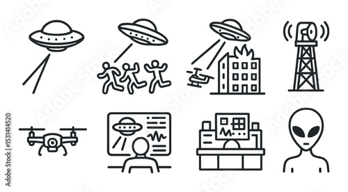 Ufo and alien set. extraterrestrial abduction, spaceship, drone, linear vector icons.