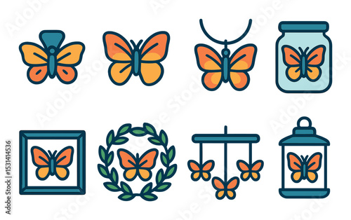 Butterfly set. decorative accessories flat style. necklace, jar, frame, wreath vector icons.