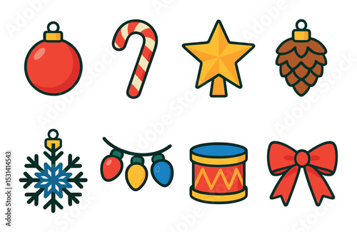 Christmas ornament set. holiday decoration flat icons. bauble, candy cane, star, pinecone vector icons.