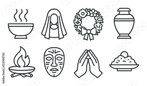 Cremation ritual set. cultural ceremony silhouette bowl, wreath, urn, fire, mask vector icons.