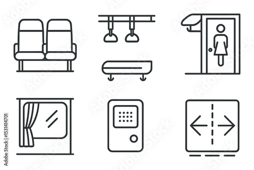 Public transport set. train, bus, seat, door, sign, handle, curtain linear vector icons