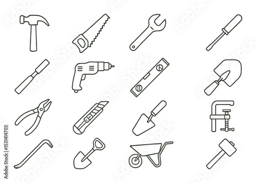 Tool set. construction and repair linear icons. hammer, saw, wrench, shovel vector icons.