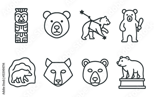 Bear icon set. wildlife animal linear icons. bear, totem, constellation, silhouette vector icons.