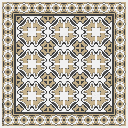 Vector beige, black and white Scarf pattern from decorative flowers 