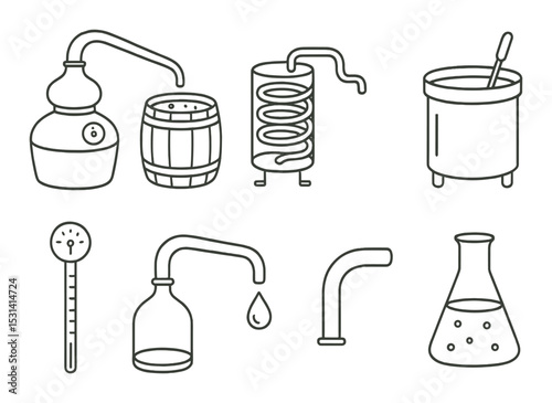 Distillery equipment set. brewing and distillation linear icons. barrel, thermometer, flask vector icons.
