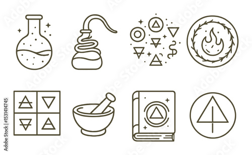 Alchemy icon set. magic, potion, symbol, fire, mortar, book, alchemist linear vector icons.