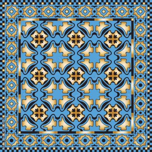 Vector golden, black and blue Scarf and carpet pattern 