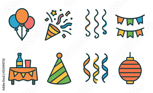 Party celebration set. festive decorations flat style. balloons, confetti, streamers, vector icons.