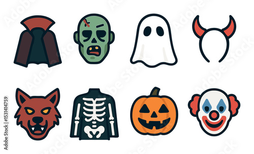 Halloween icon set. spooky linear icons: vampire, zombie, ghost, skeleton vector icons