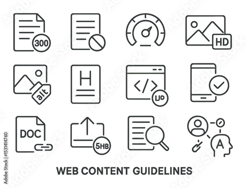 Web content guidelines set. seo, html, accessibility, speed, document, mobile, linear vector icons.