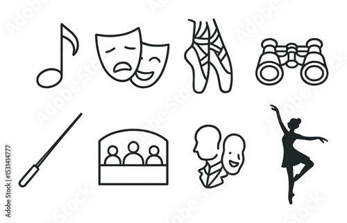 Theater arts set. performance linear music, masks, ballet, binoculars vector icons.