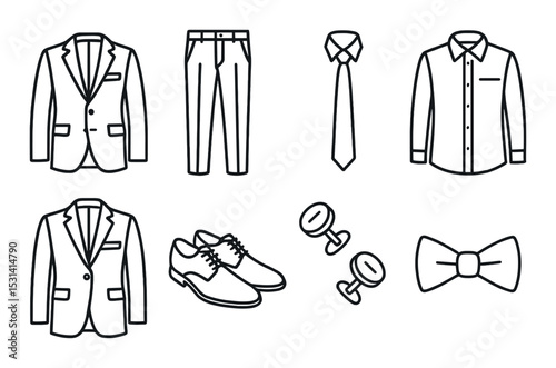 Men's fashion set. formal wear silhouette icons. suit, tie, shirt, shoes, bow tie vector icons.