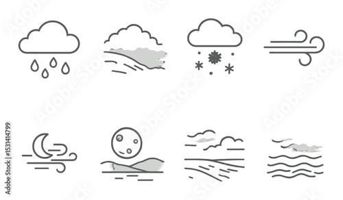 Weather symbol set. atmospheric conditions linear clouds, rain, snow, wind, moon vector icons