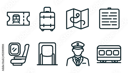 Travel and transport icon set. linear travel, suitcase, map, ticket, seat, passport vector icons.