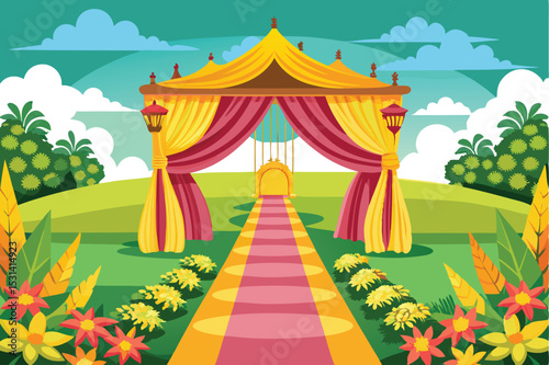 Vibrant cartoon illustration of a wedding ceremony venue with floral decorations and pathway