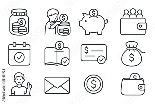 Finance icon set. money, wallet, savings, calendar, transaction, silhouette vector icons