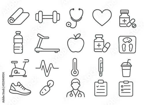 Fitness and health icon set. linear wellness symbols: dumbbell, stethoscope, heart, medicine, exercise equipment vector icons.