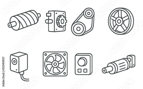 Mechanical parts set. industrial machinery linear devices: motor, gear, pulley, fan vector icons.