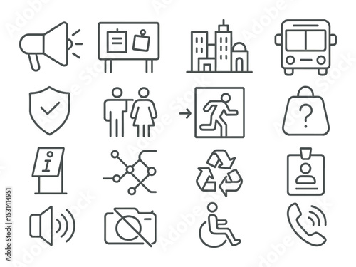 Office communication set. linear business, symbols, speaker, bus, recycle vector icons.