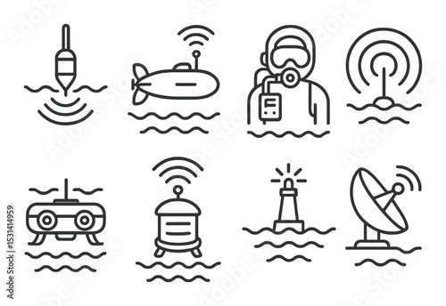 Marine communication set. ocean, submarine, buoy, antenna, sonar linear vector icons.