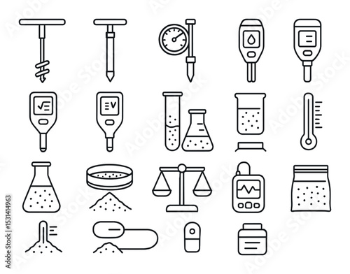 Scientific equipment set. lab tools linear beakers, pipette, scale, thermometer vector icons.
