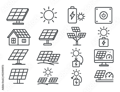 Solar energy set. renewable power flat icons. panel, sun, battery, house vector icons.