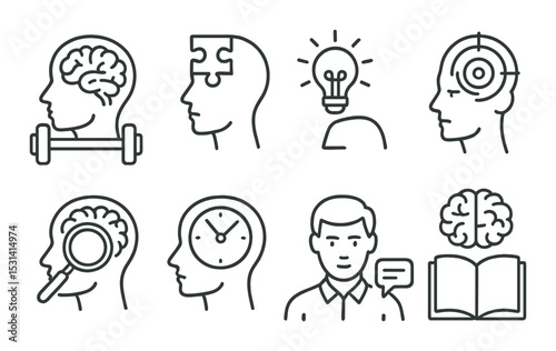 Brain exercise set. cognitive silhouette icons. puzzle, lightbulb, clock, book, speech, target vector icons.