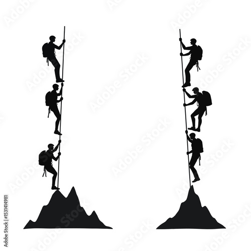 Silhouette climbers ascending mountain peak teamwork set