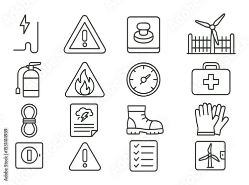 Safety equipment set. industrial and emergency linear icons. fire, alert, windmill, glove vector icons.