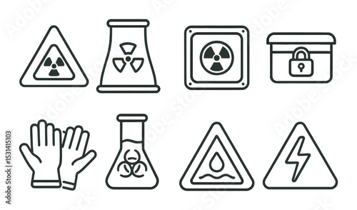 Hazard warning icon set. linear safety symbols: radioactive, biohazard, chemical, lock, vector icons.