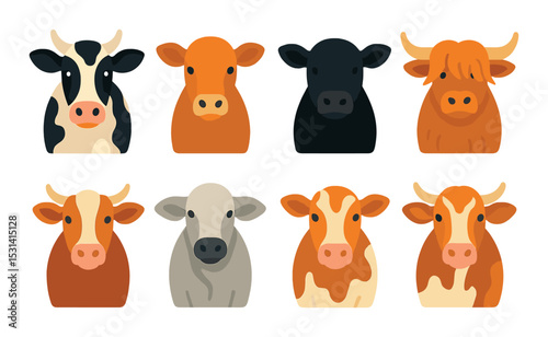 Cow set. farm animal flat icons. cow, livestock, cattle, bovine, dairy, beef vector icons.