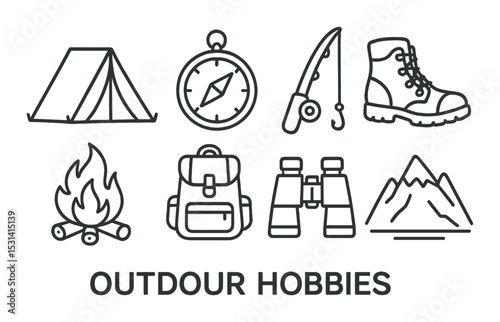 Camping gear set. outdoor hobbies flat icons. tent, compass, fishing, boots, fire, backpack vector icons.