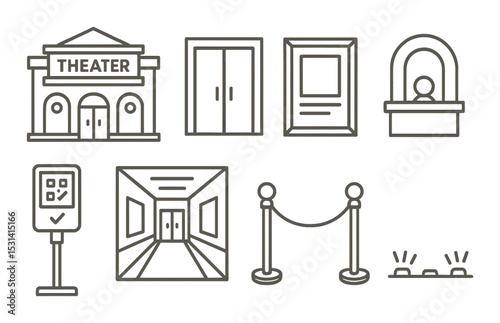 Theater icon set. linear cinema, ticket, stage, curtain, popcorn, entrance, barrier vector icons.